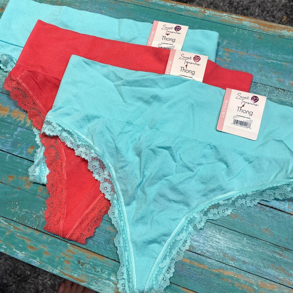 Secret Treasures Wideband Lace Trim Thong Panties 3 Pack Blue Pink Large 12-14